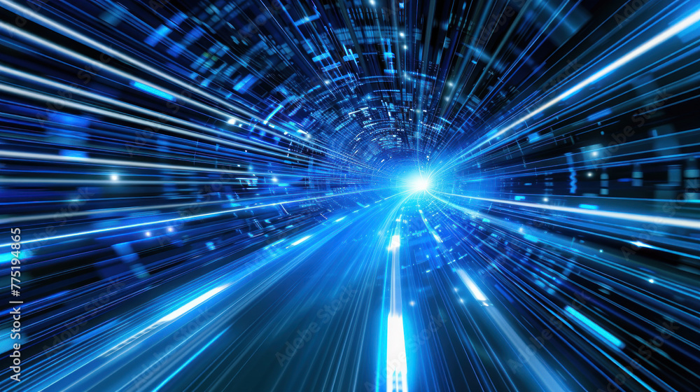 Poster a high-speed journey through a digitally constructed blue tunnel with streaming data and radiant lig
