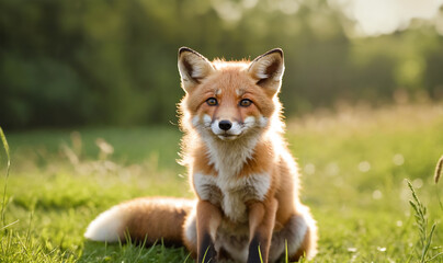 A Fox on a green meadow in the late summer sun. - 775195026