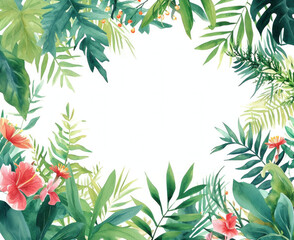 Lush Tropical Leaves and Flowers Watercolor Illustration with Space for Text on White Background