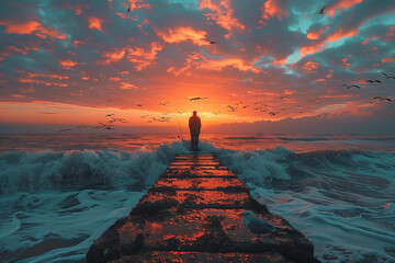 Back view of a man looking at the horizon, fishing line fixed on a stone dock that gets pounded by waves, under a pastel orange and blue clouded sky during a sunset