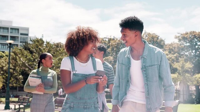 Students or friends, campus and happy with smartphone for social media memes or streaming online videos. Boy, girl and together at university with cellphone for browsing internet and communication.