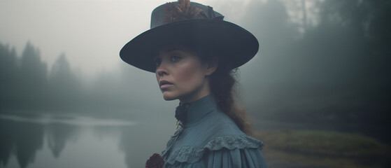 Victorian murder mystery. A tough beautiful woman detective in the fog searching for clues in London. In the style of a panoramic movie still.	 - obrazy, fototapety, plakaty