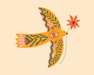 Folk spring bird holding Lily Flower. Hygge and lagom design for poster, card, t shirt. Vector illustration.