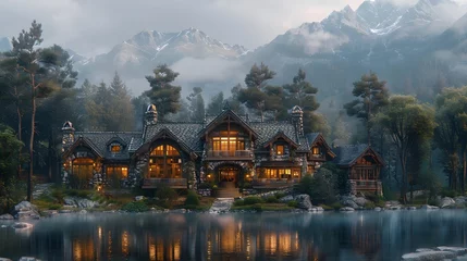 Poster majesty of a mountain retreat, its rugged stone facades and cozy interiors blending seamlessly with the pristine natural surroundings, in stunning 8k full ultra HD. © Ghouri