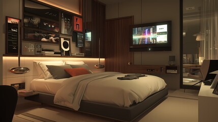 A technology lover's bedroom with smart mirrors, interactive displays, and integrated tech gadgets.