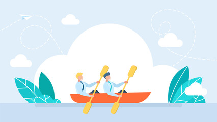 People rowing with paddles in kayak. Men rafting in sports boat with oars in river. Kayaking or Rafting Sport Competition. Sportsmen Rowing in Kayak. Extreme water activity. Vector illustration 