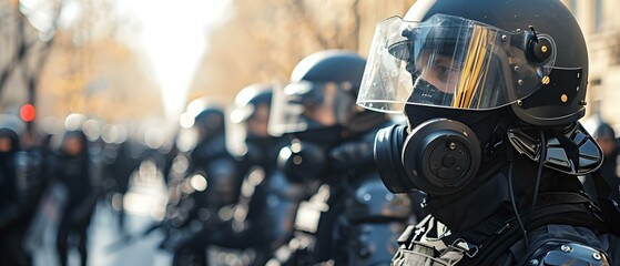 Riot police in full gear confront a group of protesters during a demonstration. Concept Conflict Photography, Protest Coverage, Law Enforcement Interactions, Public Demonstrations, Civil Unrest - obrazy, fototapety, plakaty