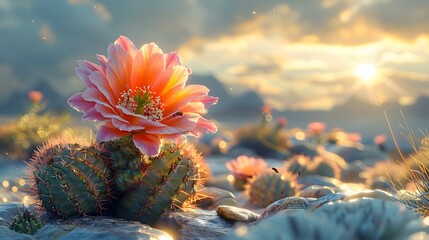 resilience of life in a barren desert landscape, where a lone cactus blooms with vibrant flowers, attracting a swarm of pollinating insects, in stunning 8k full ultra HD.