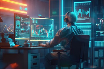 In a softly lit corner, a financial wizard analyses crypto charts, their dynamic lines a pulse chart of the digital age, 3D illustration