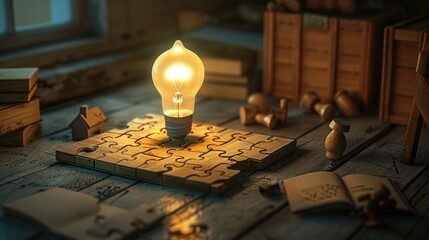 In a softly lit study, the completion of an idea box puzzle marks the birth of a groundbreaking invention, 3D illustration