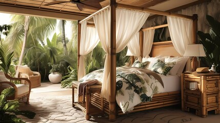A tropical paradise bedroom with bamboo furniture, palm leaf prints, and a canopy bed with sheer curtains. - obrazy, fototapety, plakaty