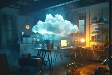 In the corner of a moody office, a holographic cloud updates a project on all connected devices instantly, 3D illustration - obrazy, fototapety, plakaty