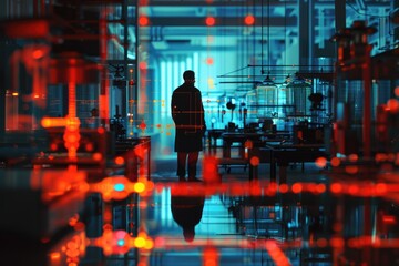 In the quiet of a shadowy lab, a physicist explores the boundaries of reality with quantum computing AR tools, 3D illustration - obrazy, fototapety, plakaty