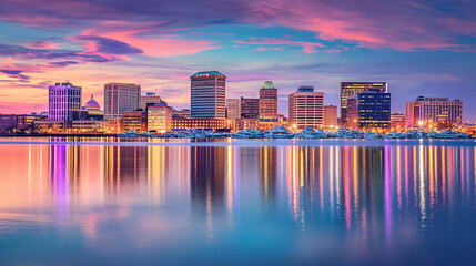 Obraz premium Dazzling Urban Skyline at Twilight, Vibrant, Water Reflection Cityscape
