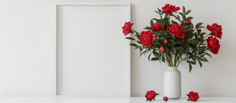 A white vase with red flowers and a blank picture frame