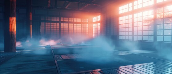 A karate dojo's ring, filled with mist, where students practice their katas under the watchful eye of dusk, 3D illustration
