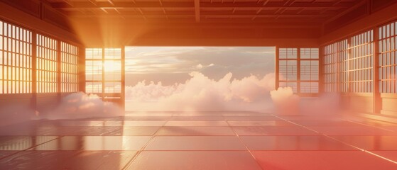 A karate dojo's ring, filled with mist, where students practice their katas under the watchful eye of dusk, 3D illustration - obrazy, fototapety, plakaty