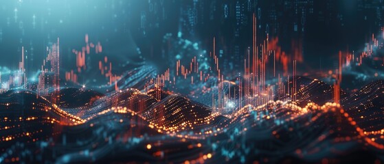 A moody, atmospheric lab where algorithms predict crypto market movements, visualized in pulsating charts, 3D illustration