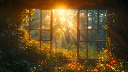 view of a lush forest bathed in golden sunlight, as seen through the window of a quaint cottage...