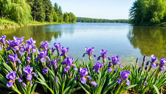 Spring landscape with violet irises on background of lake in city park. Beautiful outdoor scenery. Close-up. Copy space.