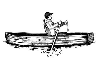 Man on rowing boat engraving PNG illustration © Oleksandr Pokusai