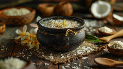 Obraz premium Clay pot with Kiribath on a rustic table, surrounded by coconut milk, rice, and frangipani flowers for Sinhalese New Year.