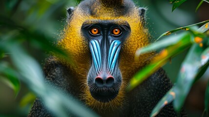Close up of male mandrill in african rainforest with vibrant facial coloration and intense stare - obrazy, fototapety, plakaty