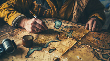 Vintage Explorer Planning a Route, Adventure, Antique Map and Navigation Tools - obrazy, fototapety, plakaty