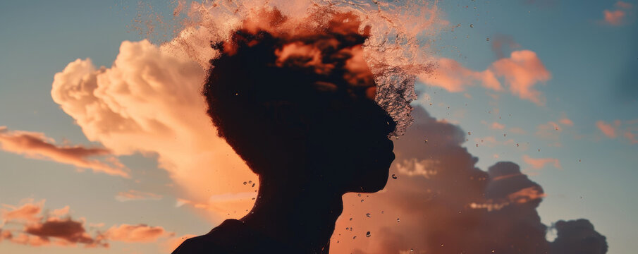 Silhouette of a person with exploding head effect against sunset sky