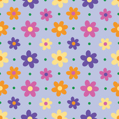 Retro Spring Flowers on Purple Seamless Pattern Design