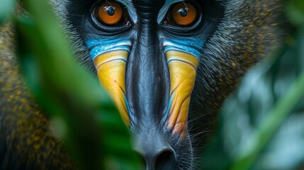 Male mandrill intense closeup in vibrant rainforest, detailed fur texture, lush foliage background