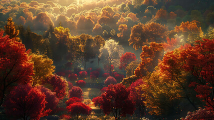 A sprawling arboretum showcasing a kaleidoscope of colors during peak autumn foliage - obrazy, fototapety, plakaty