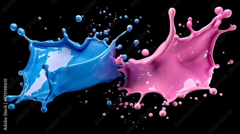 Poster two vibrant blue and pink liquids collide in a dynamic burst of color, creating a mesmerizing splash