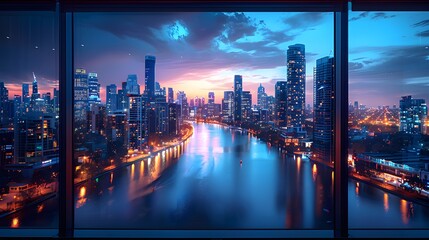 vista of a city skyline at night, with sparkling lights reflected in the calm waters of a river, as seen through the expansive window of a high-rise building, in stunning 8k full ultra HD. - obrazy, fototapety, plakaty