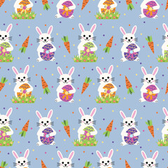 Easter Bunnies and Carrots on Blue Seamless Pattern Design