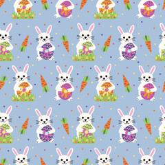 Naklejka premium Easter Bunnies and Carrots on Blue Seamless Pattern Design