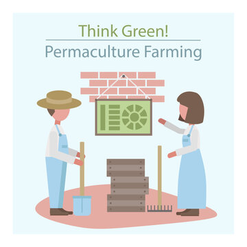 A family use the permaculture planning method to organize their garden. Climate change. Square banner.