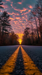 Naklejka na ściany i meble Sunset on a forest road with vibrant sky
