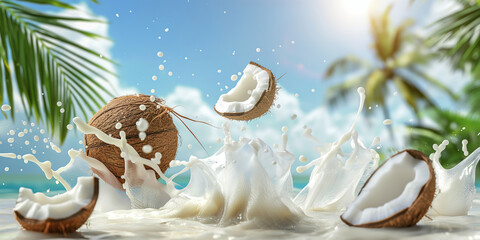 Coconut and coconut milk floating in the air, milk splashing. Delicious and fresh coco tropical background.