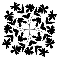 Ornate floral design with blooming branches. Siléne vulgáris. Folk style. Black silhouette on white background.
