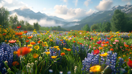 A springtime meadow alive with the vibrant colors of blooming wildflowers - obrazy, fototapety, plakaty