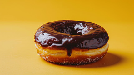 Chocolate glazed donut on yellow background