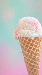 Melting strawberry ice cream cone on pastel background