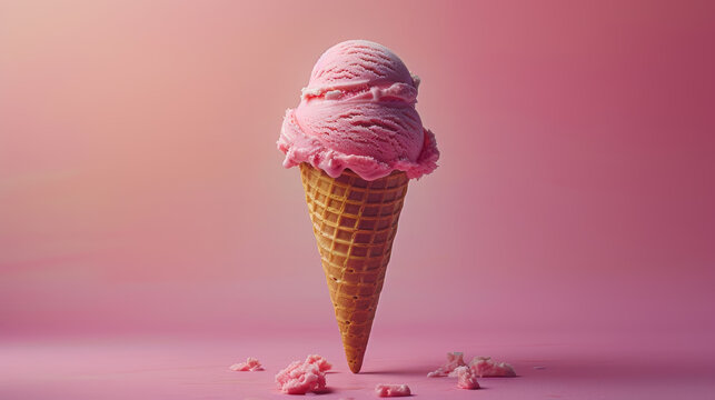 Pink ice cream in a waffle cone with colorful background