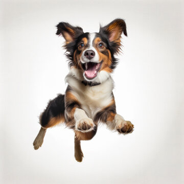 lifestyle photo Dog jumping in the air on white background.