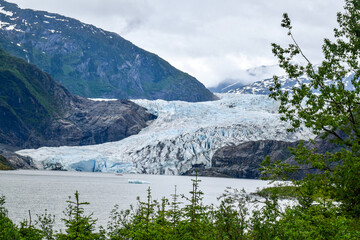 Landscape with sky and snow. Mendenhall Glacier in Juneau, Alaska, USA.