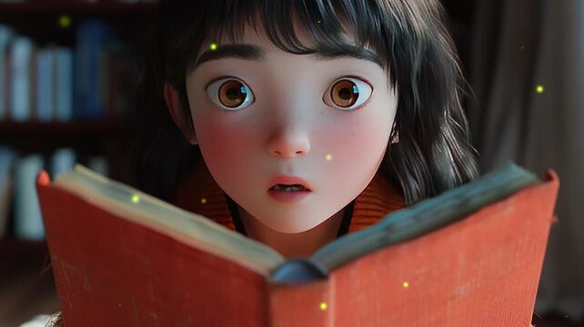 3D illustration of a girl reading a book for book day