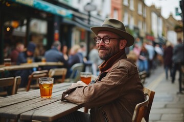 Handsome hipster man drinking beer in a pub outdoors.