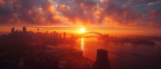 Vibrant sunrise over Sydney CBD with highrise buildings harbor and bridge in an elevated aerial view. Concept Sunrise Over Sydney, Highrise Buildings, Harbor View, Aerial Perspective, Iconic Bridge - obrazy, fototapety, plakaty