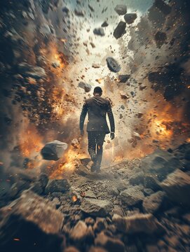 A determined and steadfast business person navigating through exploding obstacles with unwavering focus and perseverance mindset in pursuit of reaching their business goals